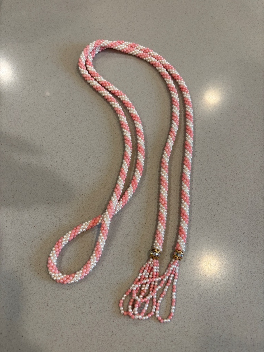 Long Vintage Flapper Pink White Gold Beaded Lariat Necklace